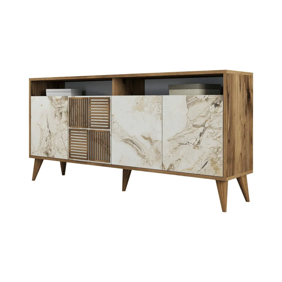 Credenza Marrone Noce Bianco Marmo Cassetti 2 Ripiani 160x35x78h cm, Apertura Battente - Benjamin