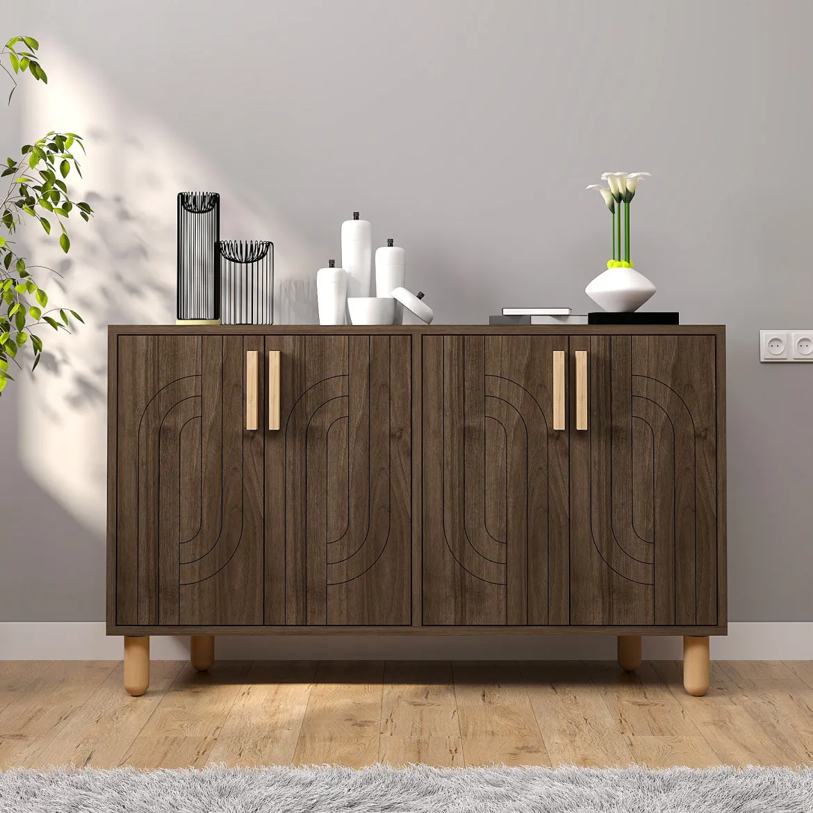 Credenza Marrone Noce Marrone Rovere 2 Ripiani 4 Ante 120x30x74h cm, 4 Vani - Venerina