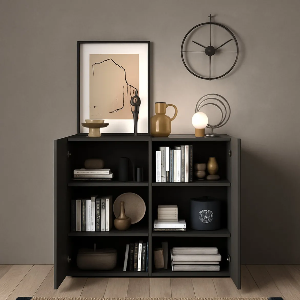 Credenza Marrone Noce Marrone Rovere 4 Ripiani 6 Vani 121x44x114h cm, 2 Ante - Giarole