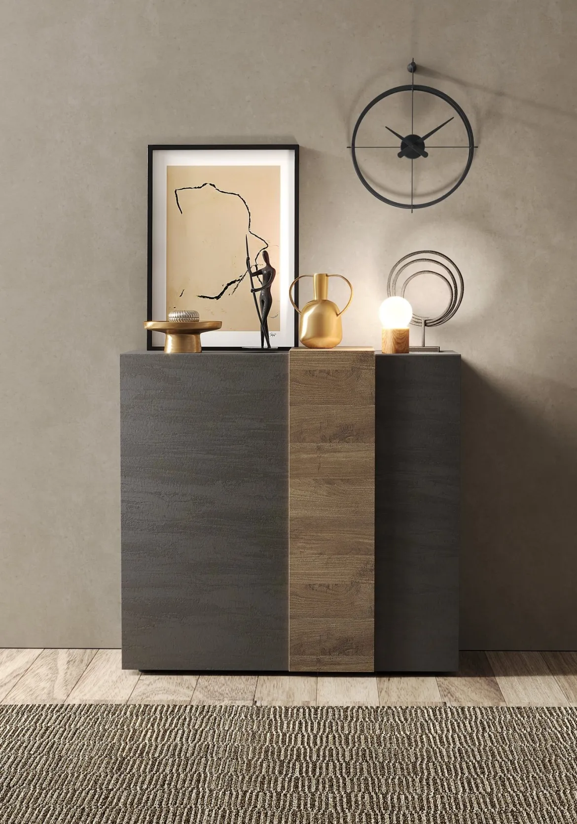 Credenza Marrone Noce Marrone Rovere 4 Ripiani 6 Vani 121x44x114h cm, 2 Ante - Giarole