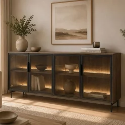 Credenza Marrone Noce Nero Antracite 2 Ripiani Apertura Battente 181x39x83h cm, 4 Ante - Hapa