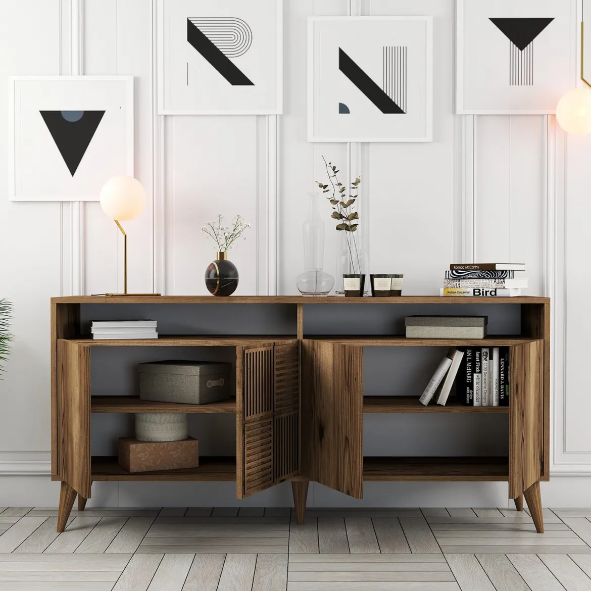 Credenza Marrone Noce 2 Ripiani 4 Ante 160x35x78h cm, 6 Vani - Thuile