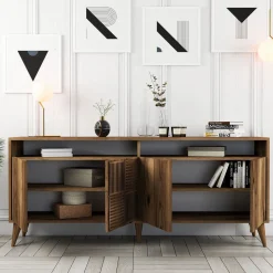 Credenza Marrone Noce 2 Ripiani 4 Ante 60x31x140h cm, 5 Vani - Sestu