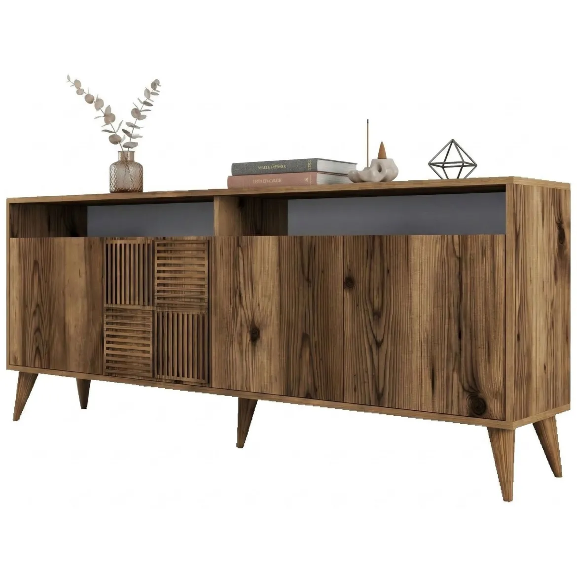 Credenza Marrone Noce 2 Ripiani 4 Ante 60x31x140h cm, 5 Vani - Sestu