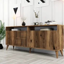 Credenza Marrone Noce 2 Ripiani 4 Ante 60x31x140h cm, 5 Vani - Sestu