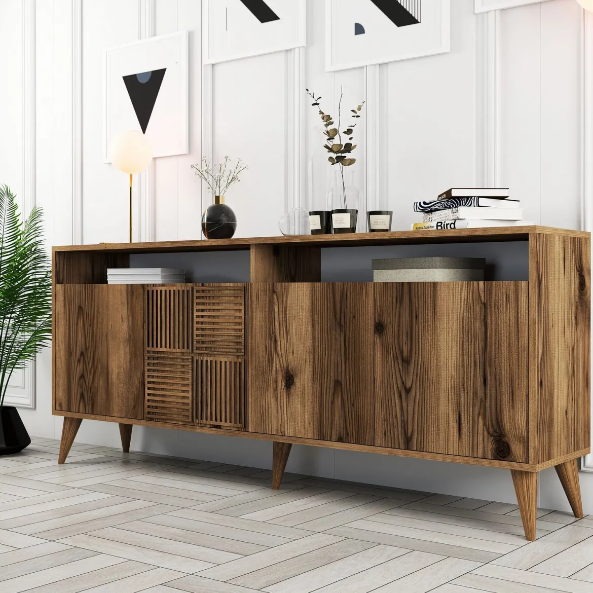 Credenza Marrone Noce 2 Ripiani 4 Ante 60x31x140h cm, 5 Vani - Sestu