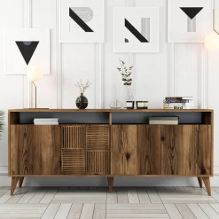 Credenza Marrone Noce 2 Ripiani 4 Ante 60x31x140h cm, 5 Vani - Sestu