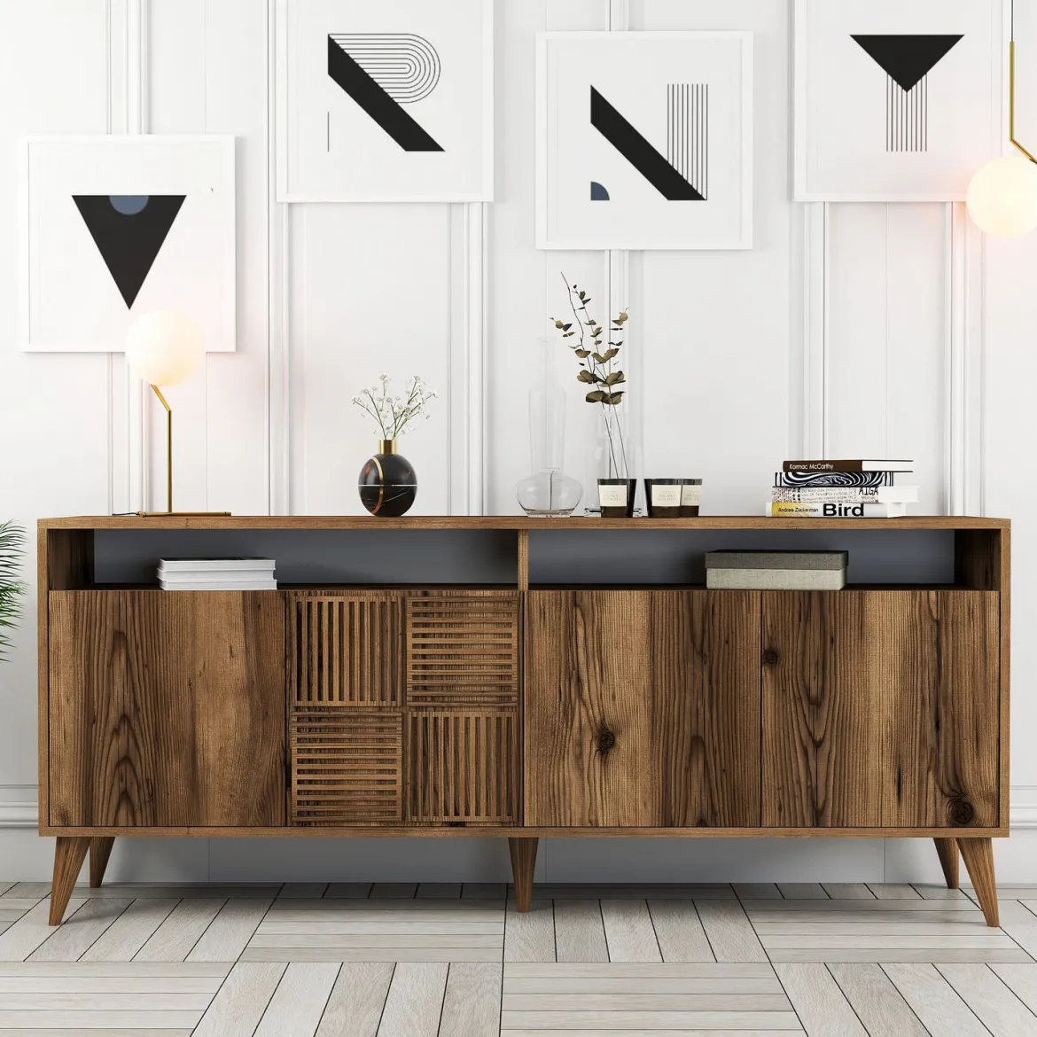 Credenza Marrone Noce 2 Ripiani 4 Ante 60x31x140h cm, 5 Vani - Sestu