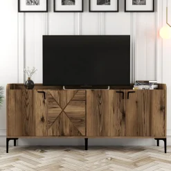 Credenza Marrone Noce 2 Ripiani Apertura Battente 180x35x78h cm, 4 Ante - Elini