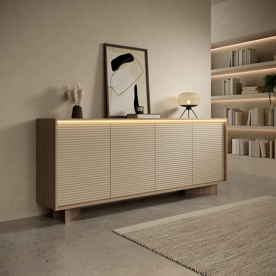 Credenza Marrone Rovere Beige Marmo 3 Ripiani 4 Ante 180x40x81h cm, 6 Vani - Coste