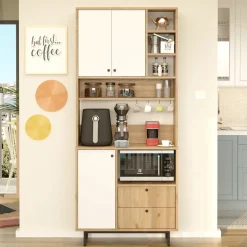 Credenza Marrone Rovere Bianco 2 Cassetti 8 Ripiani 88x36x205h cm, Apertura Battente, Scorrevole - Romallo