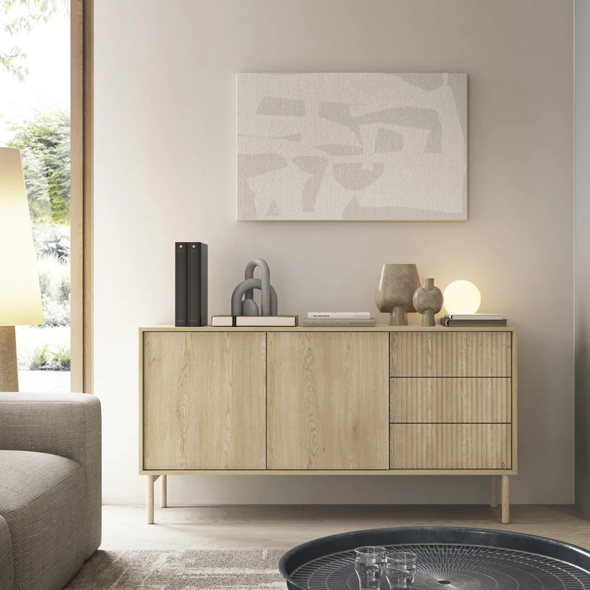Credenza Marrone Rovere 3 Cassetti 2 Ripiani 160x38x80h cm, Apertura Battente, Scorrevole - Hamonene