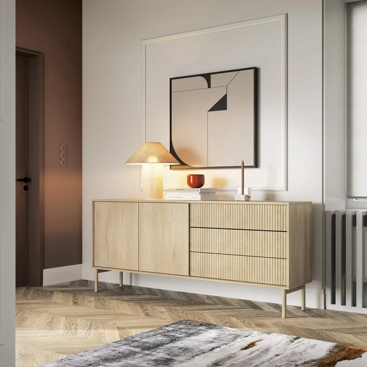 Credenza Marrone Rovere 3 Cassetti 2 Ripiani 196x40x82h cm, Apertura Scorrevole - Hanira