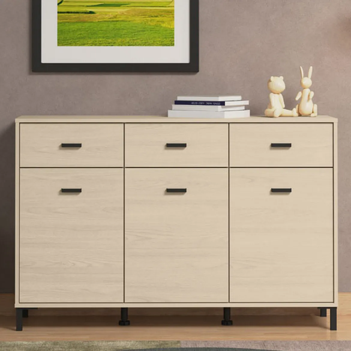 Credenza Marrone Rovere Nero 4 Cassetti 2 Ripiani 140x42x87h cm, Apertura Battente, Scorrevole - Hamireso
