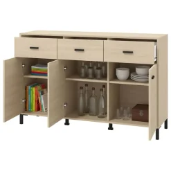 Credenza Marrone Rovere Nero 3 Cassetti 3 Ripiani 138x40x90h cm, Apertura Battente e Scorrevole - Quassolo