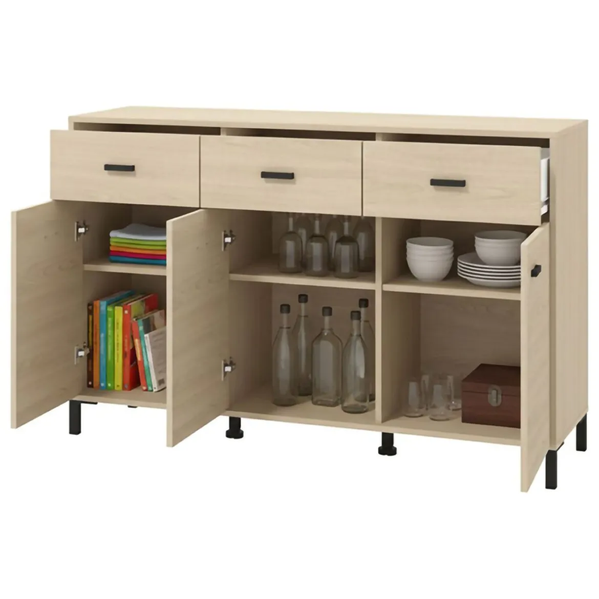 Credenza Marrone Rovere Nero 4 Cassetti 2 Ripiani 140x42x87h cm, Apertura Battente, Scorrevole - Hamireso