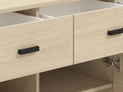 Credenza Marrone Rovere Nero 4 Cassetti 2 Ripiani 140x42x87h cm, Apertura Battente, Scorrevole - Hamireso