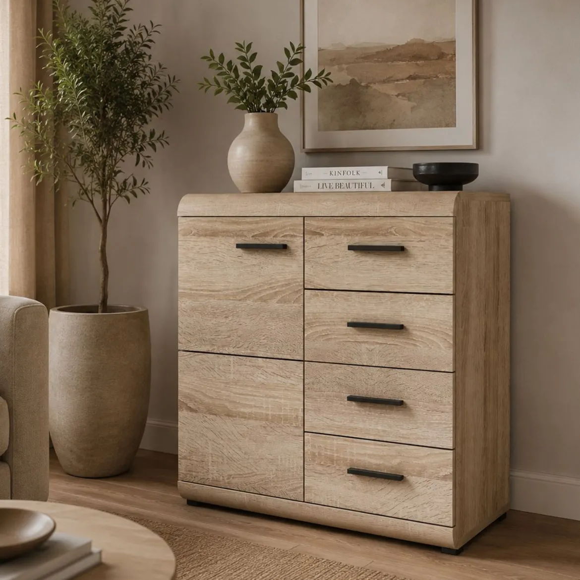 Credenza Marrone Rovere Nero 4 Vani 3 Ante 120x30x75h cm, Apertura a Ribalta - Amiterno