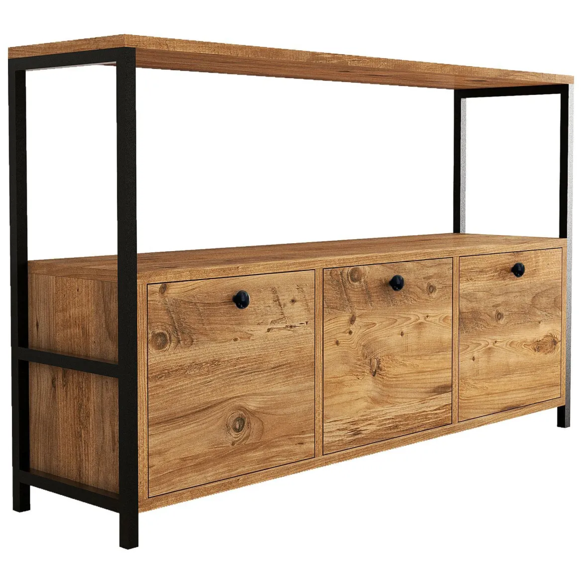 Credenza Marrone Rovere Nero 4 Vani 3 Ante 120x30x75h cm, Apertura a Ribalta - Amiterno