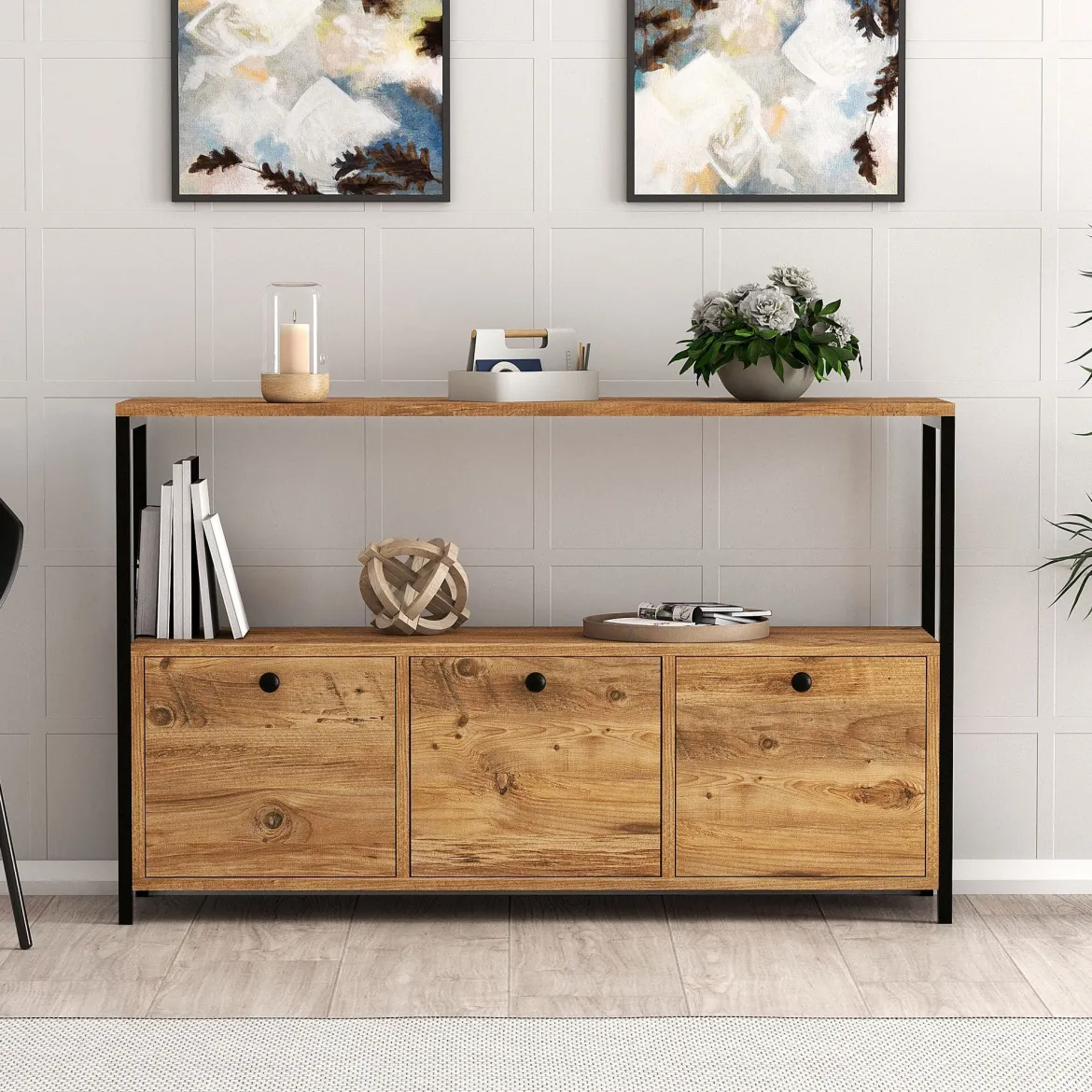 Credenza Marrone Rovere Nero 4 Vani 3 Ante 120x30x75h cm, Apertura a Ribalta - Amiterno