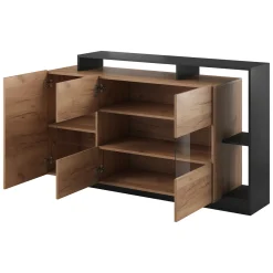 Credenza Marrone Rovere Nero Antracite 7 Ripiani Apertura Battente 155x44x94h cm, 4 Ante - Hafa