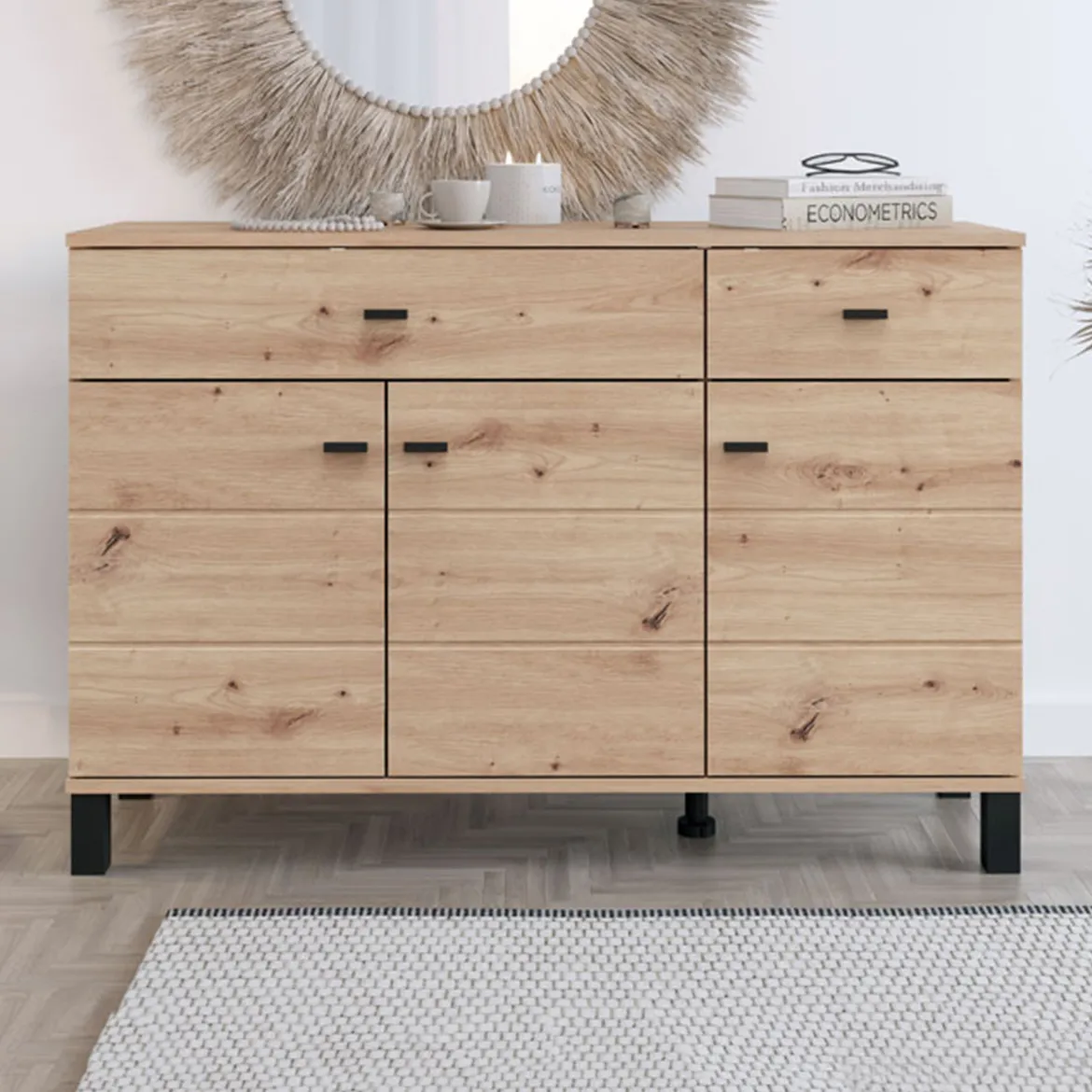 Credenza Marrone Rovere Nodi 4 Ripiani 3 Cassetti 145x35x101h cm, 6 Vani - Valiza