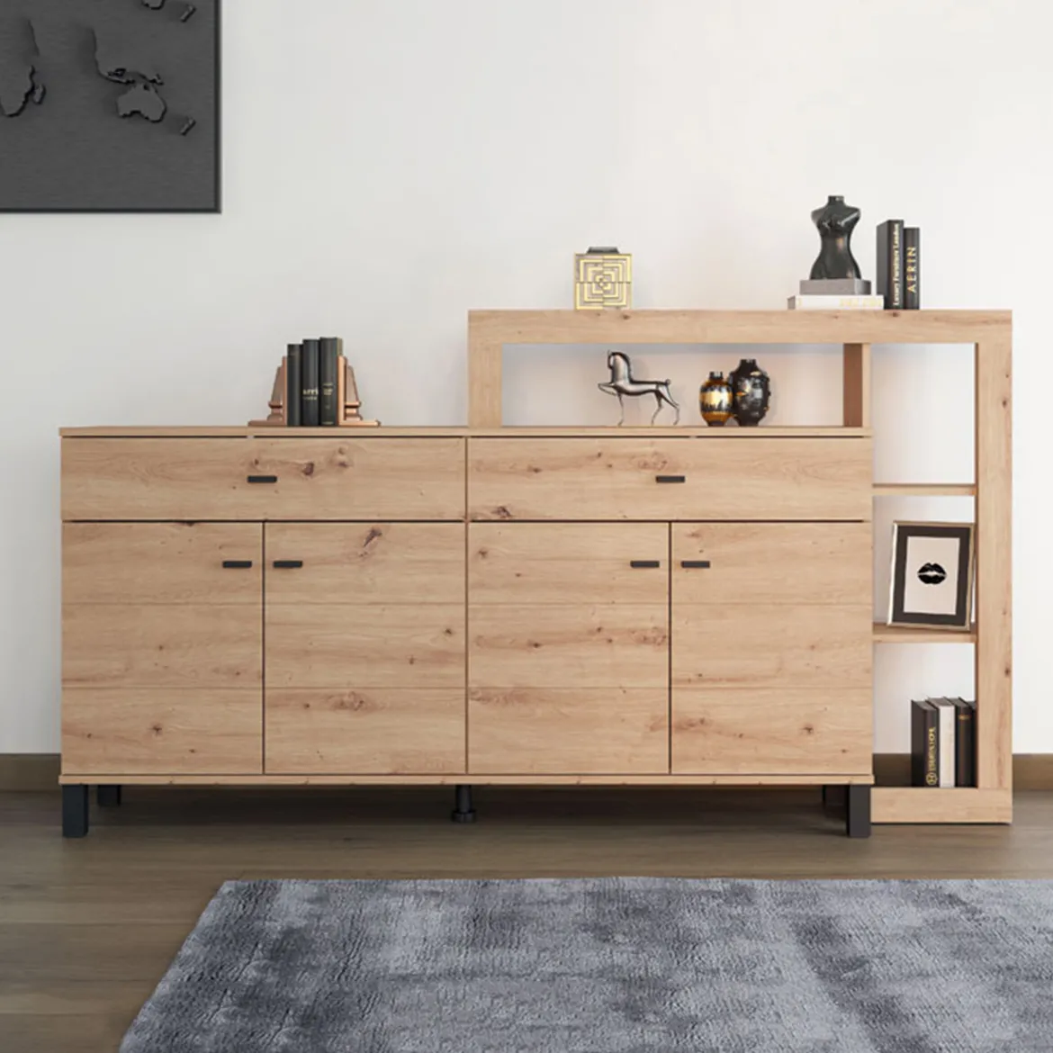 Credenza Marrone Rovere Nodi Nero 2 Ripiani 3 Vani 74x40x135h cm, 2 Ante - Cosoleto