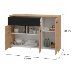 Credenza Marrone Rovere Nodi Nero 3 Cassetti 2 Ripiani 116x35x78h cm, Apertura Battente, Scorrevole - Guatav