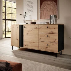 Credenza Marrone Rovere Nodi Nero 3 Cassetti 2 Ripiani 165x40x82h cm, Apertura Battente, Scorrevole - Haradali