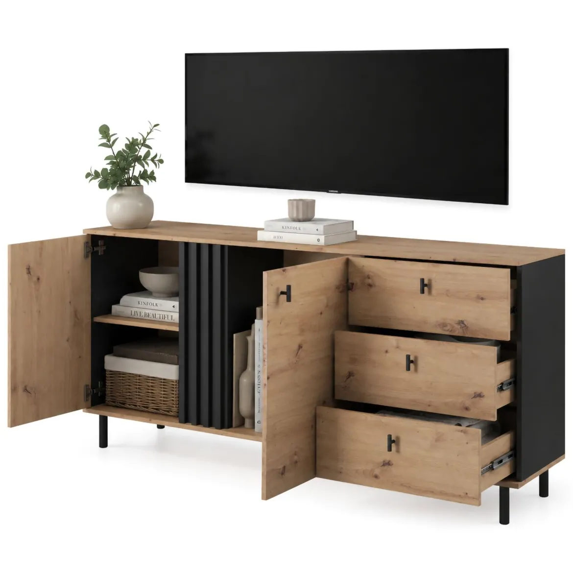 Credenza Marrone Rovere Nodi Nero 3 Cassetti 2 Ripiani 77x35x78h cm, Apertura Battente, Scorrevole - Ollant