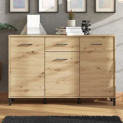 Credenza Marrone Rovere Nodi Nero 3 Cassetti 3 Ripiani 138x40x90h cm, Apertura Battente e Scorrevole - Laerru