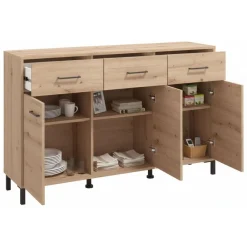 Credenza Marrone Rovere Nodi Nero 3 Cassetti 3 Ripiani 138x40x90h cm, Apertura Battente e Scorrevole - Laerru