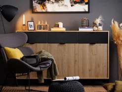 Credenza Marrone Rovere Nodi Nero 3 Cassetti 4 Ripiani 106x35x101h cm, Apertura Battente, Scorrevole - Coloni