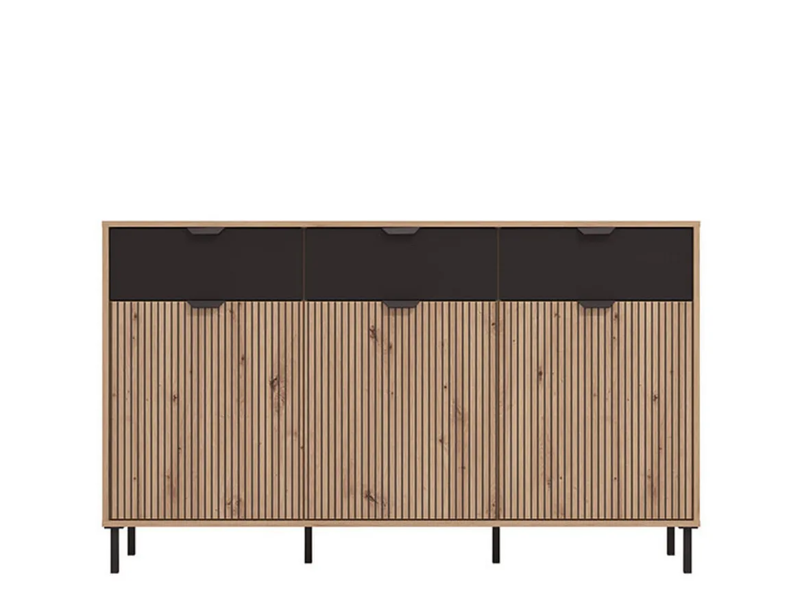 Credenza Marrone Rovere Nodi Nero 3 Cassetti 3 Ripiani 157x40x92.5h cm, Apertura Battente e Scorrevole - Robbio