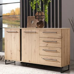 Credenza Marrone Rovere Nodi Nero 4 Cassetti 2 Ripiani 159x42x95h cm, Apertura Battente e Scorrevole - Ceredano