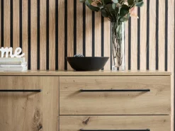 Credenza Marrone Rovere Nodi Nero 4 Cassetti 2 Ripiani 159x42x95h cm, Apertura Battente e Scorrevole - Ceredano