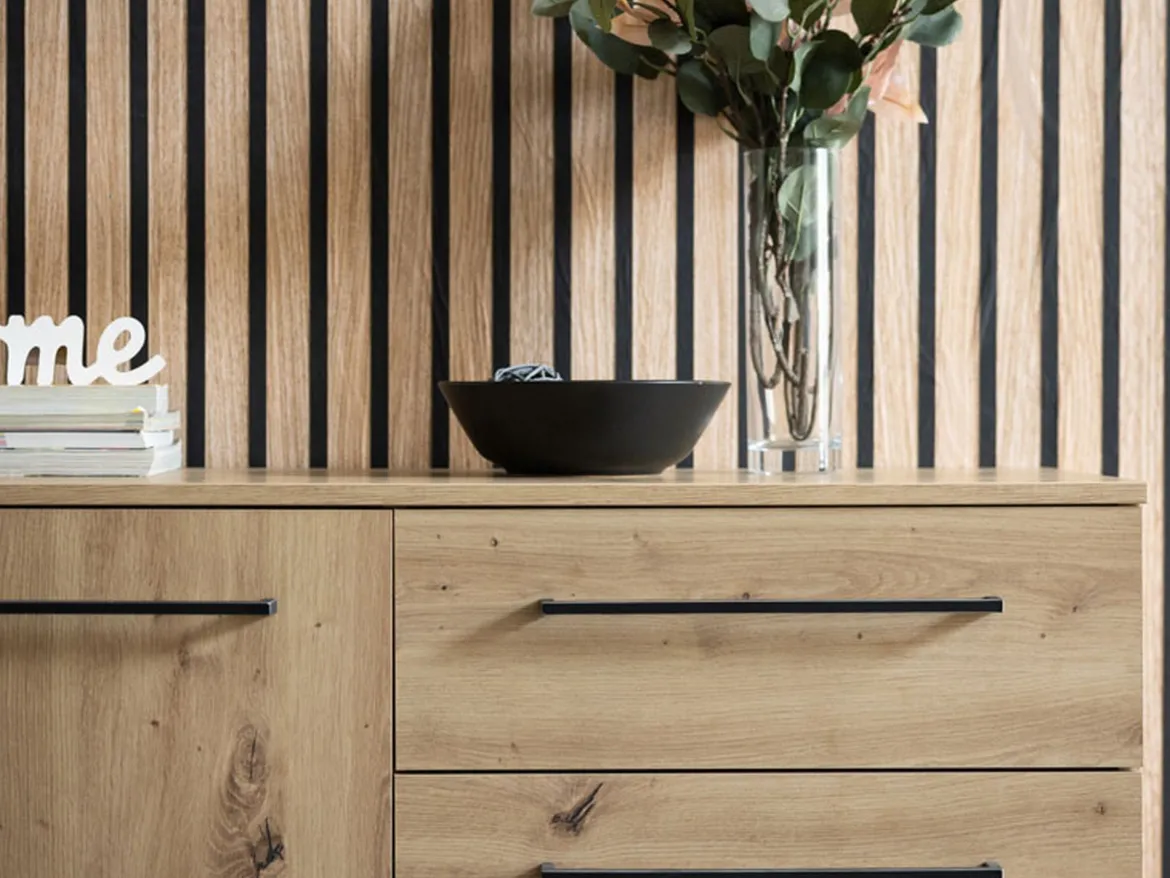 Credenza Marrone Rovere Nodi Nero 4 Cassetti 2 Ripiani 159x42x95h cm, Apertura Battente e Scorrevole - Ceredano