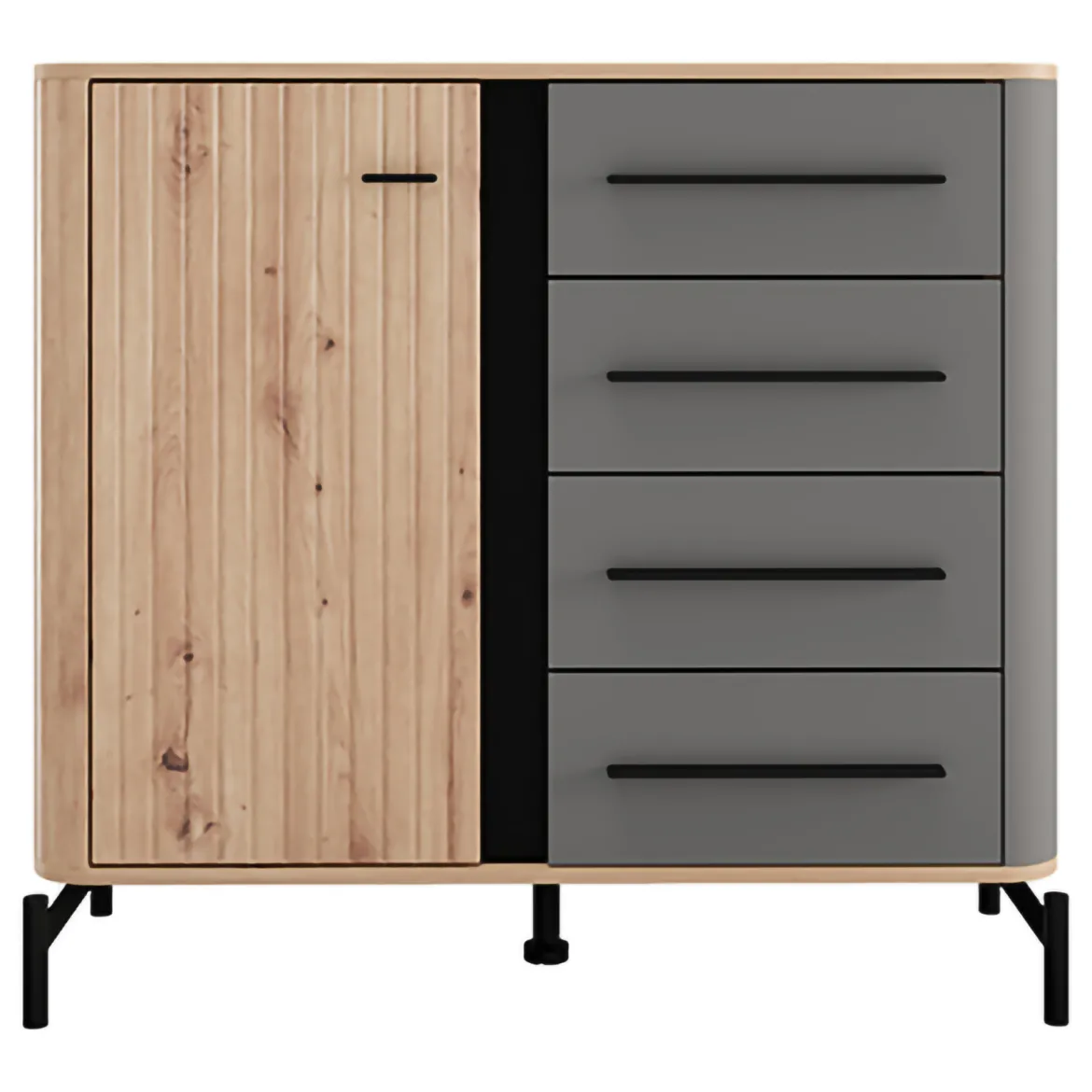 Credenza Marrone Rovere Nodi Nero Antracite 2 Ripiani 4 Cassetti 103x40x94h cm, Un'anta - Carmel