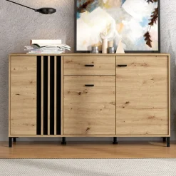 Credenza Marrone Rovere Nodi Nero un Cassetto 3 Ripiani 157x40x90h cm, Apertura Battente e Scorrevole - Guanzate