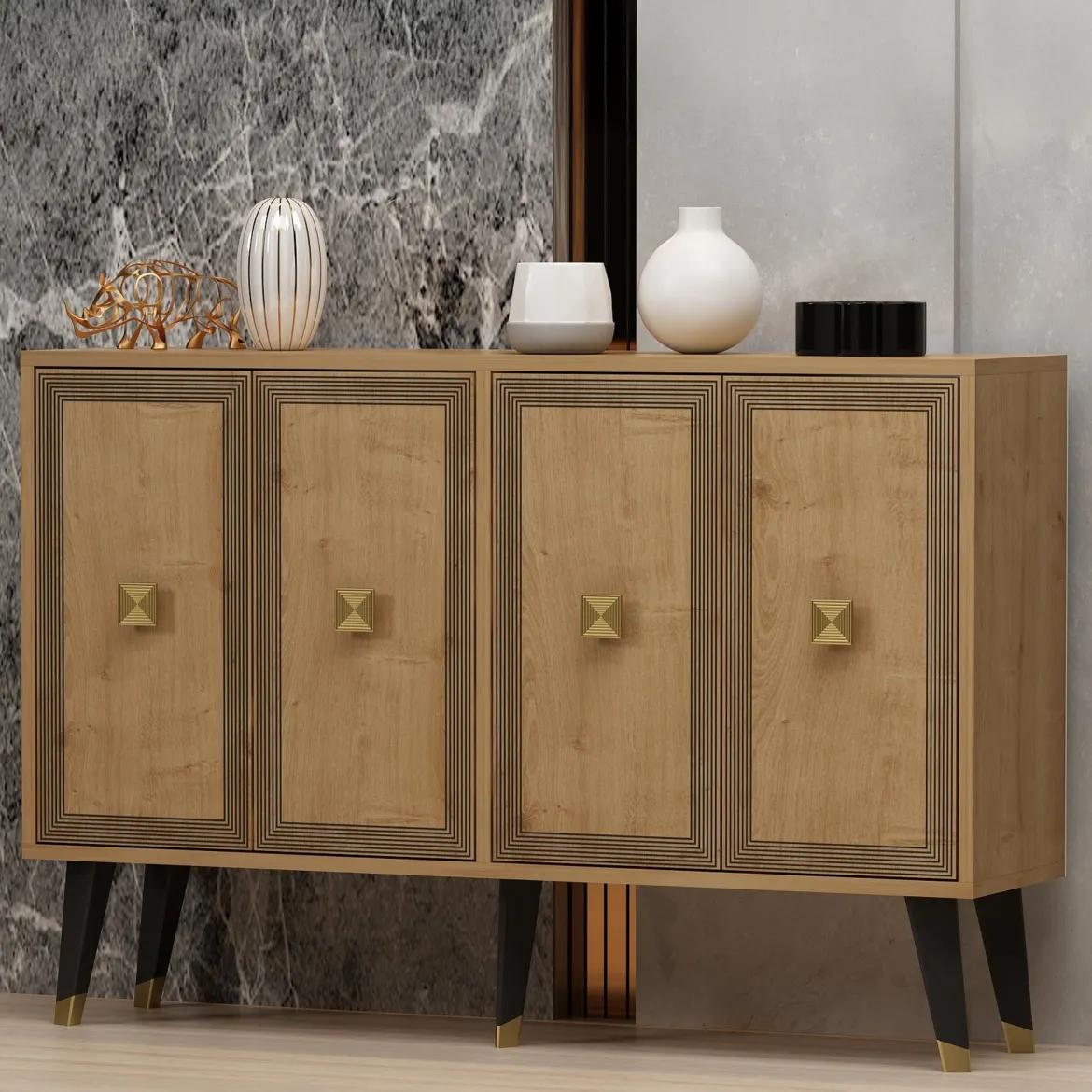 Credenza Marrone Rovere oro 2 Ripiani 4 Vani 120x30x80h cm, 4 Ante - Luino