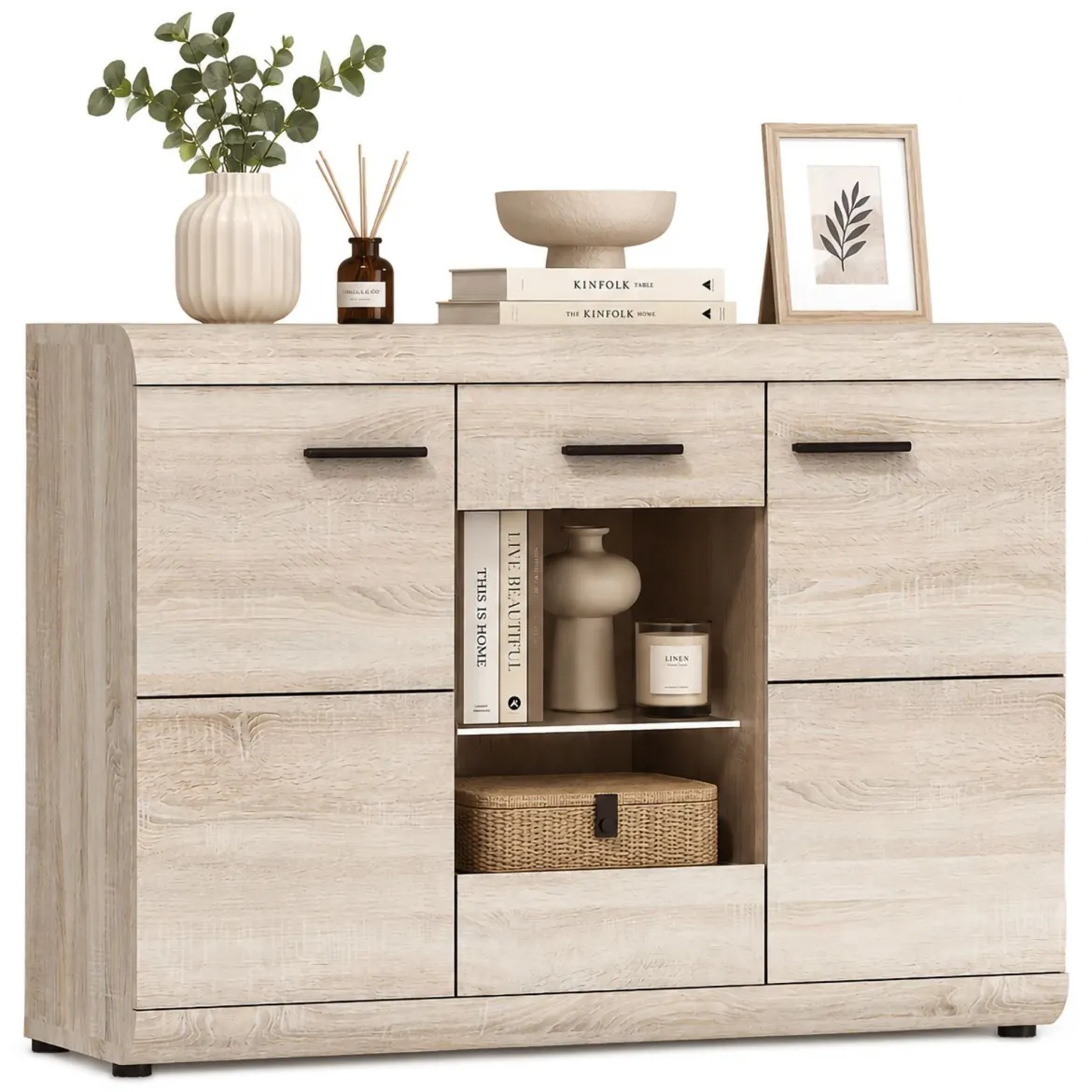 Credenza Marrone Rovere Trasparente 3 Ripiani Apertura Battente 120x42x87h cm, 3 Ante - Hami