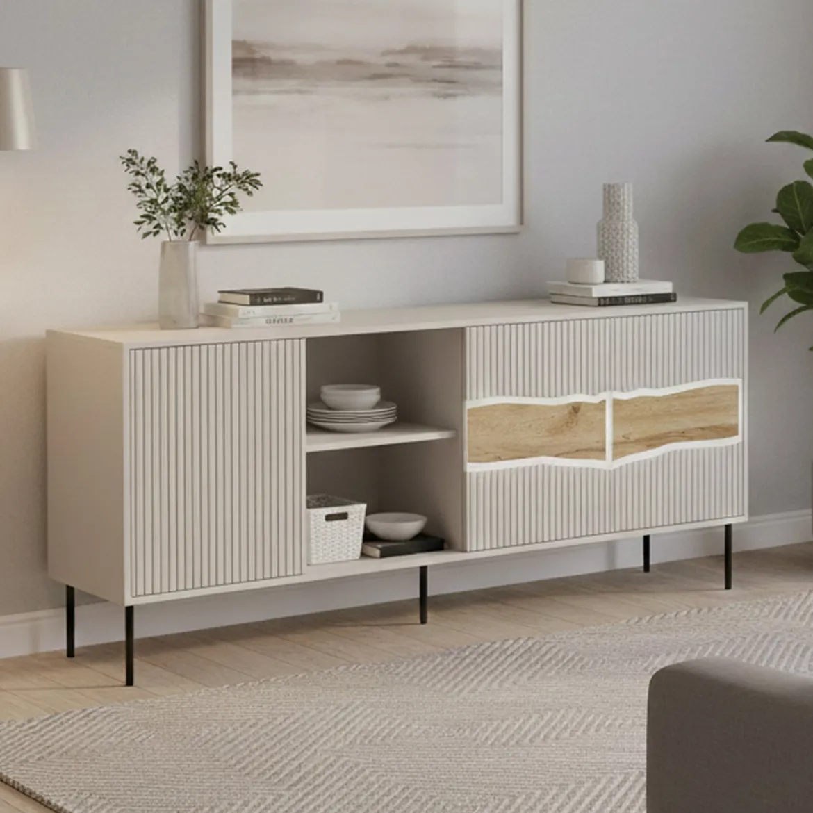 Credenza Mestrino, 190x40 h80 cm, Beige e Rovere Nodi