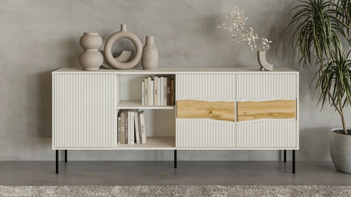 Credenza Mestrino, 190x40 h80 cm, Beige e Rovere Nodi