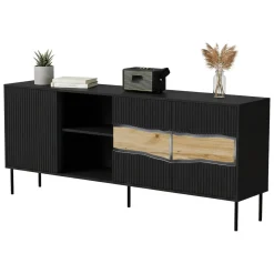 Credenza Mestrino, 190x40 h80 cm, Nero e Rovere Nodi