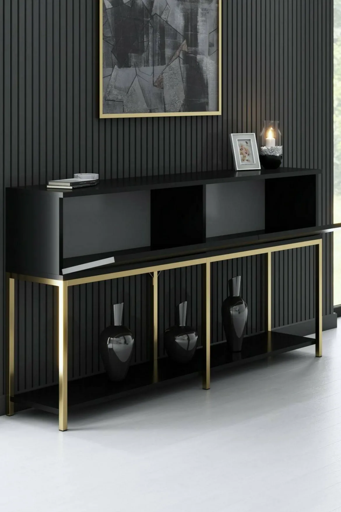 Credenza nera e oro 150x30x80h cm 2 ante - Basilia