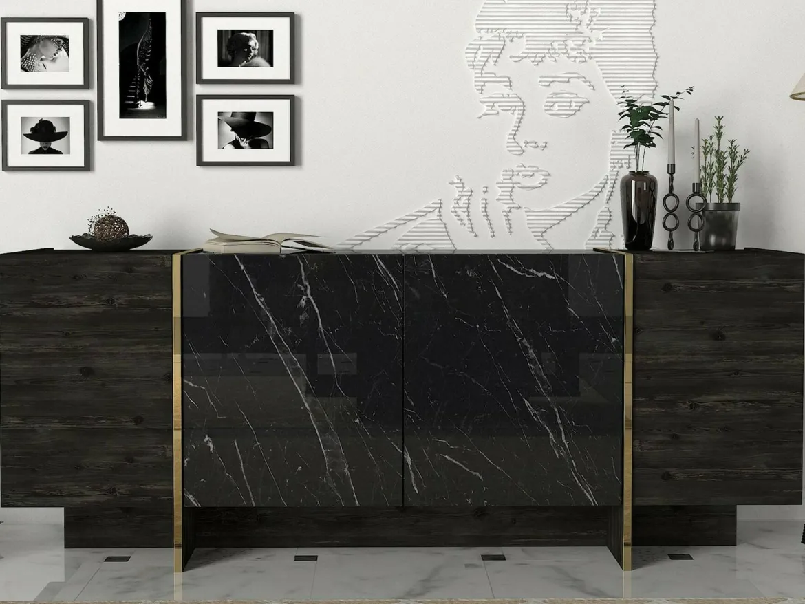 Credenza nera e oro 180x46x75h cm 4 ante - Asto