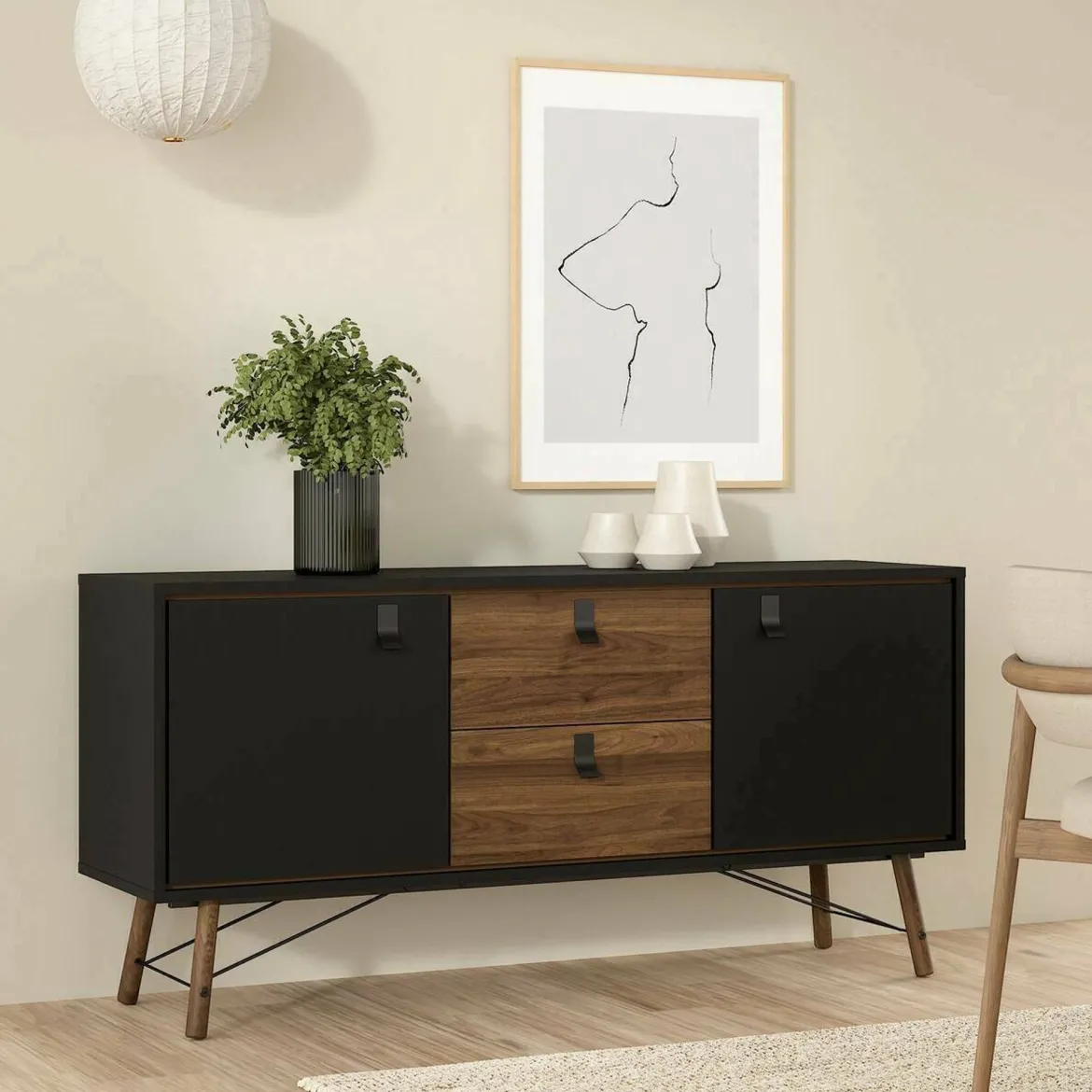 Credenza nera,noce 150x40x72h cm 2 ante e 2 cassetti - Manyi