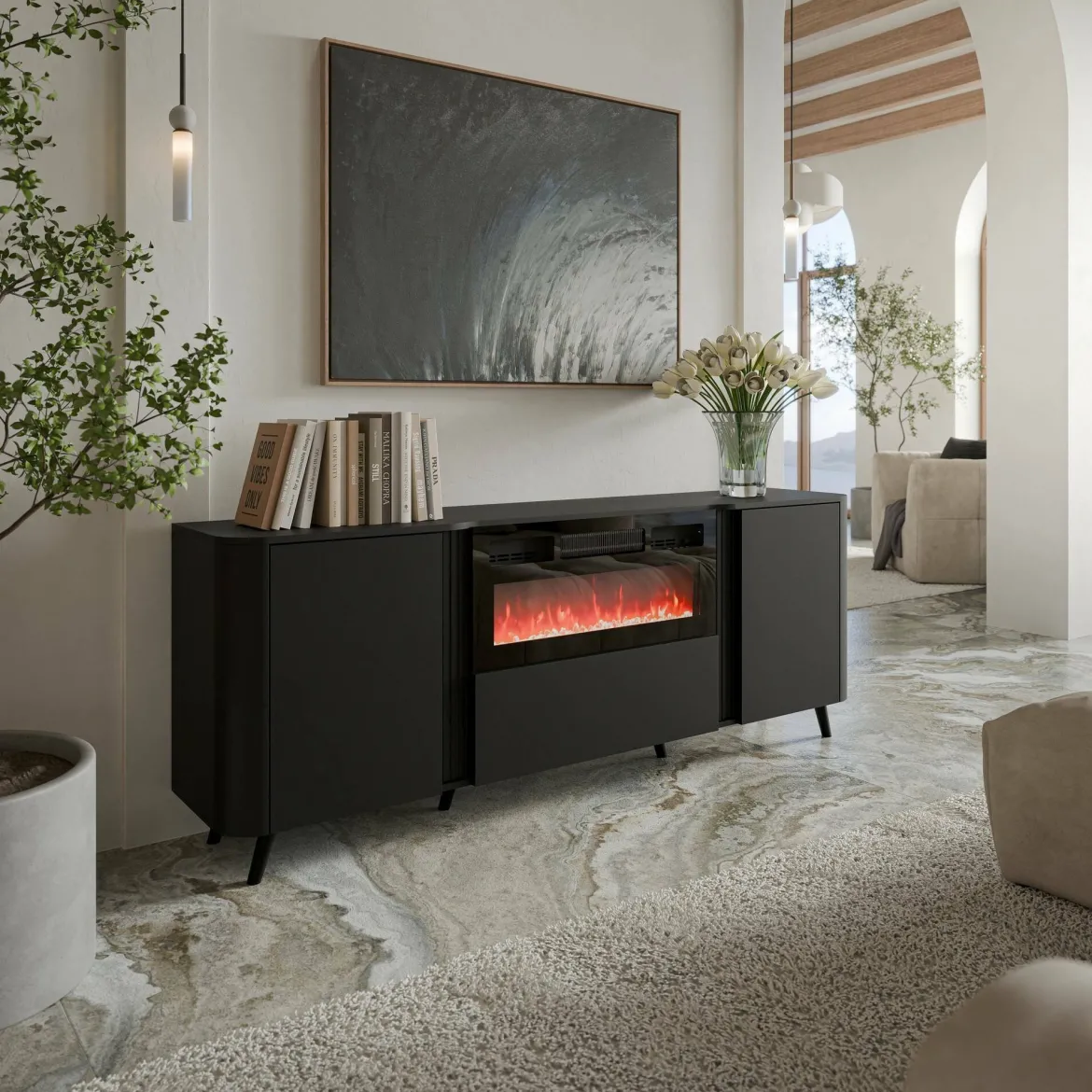 Credenza nera 190x40x68h cm 3 ante - Briano