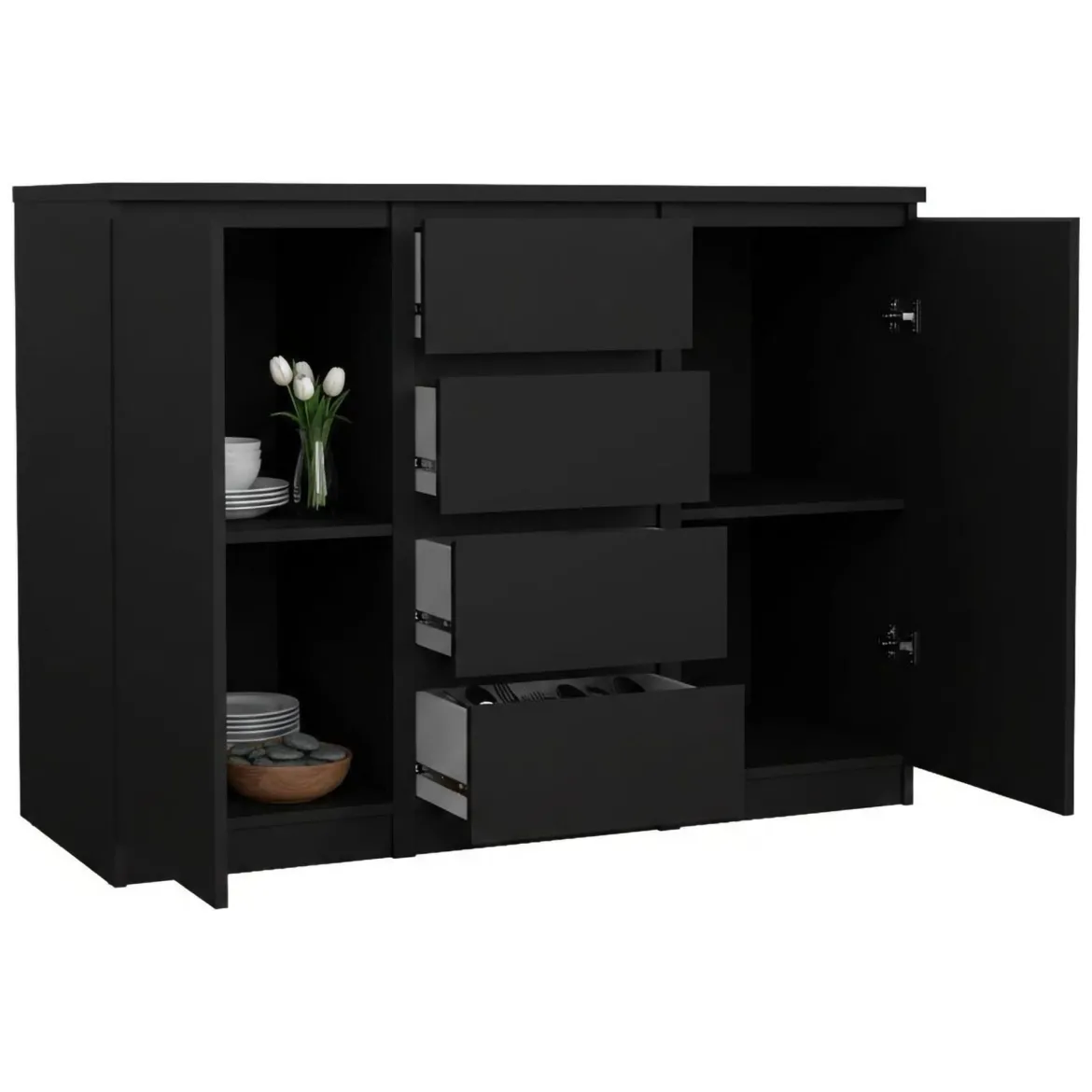 Credenza nera 120x50x90h cm 2 ante e 4 cassetti - Angelika
