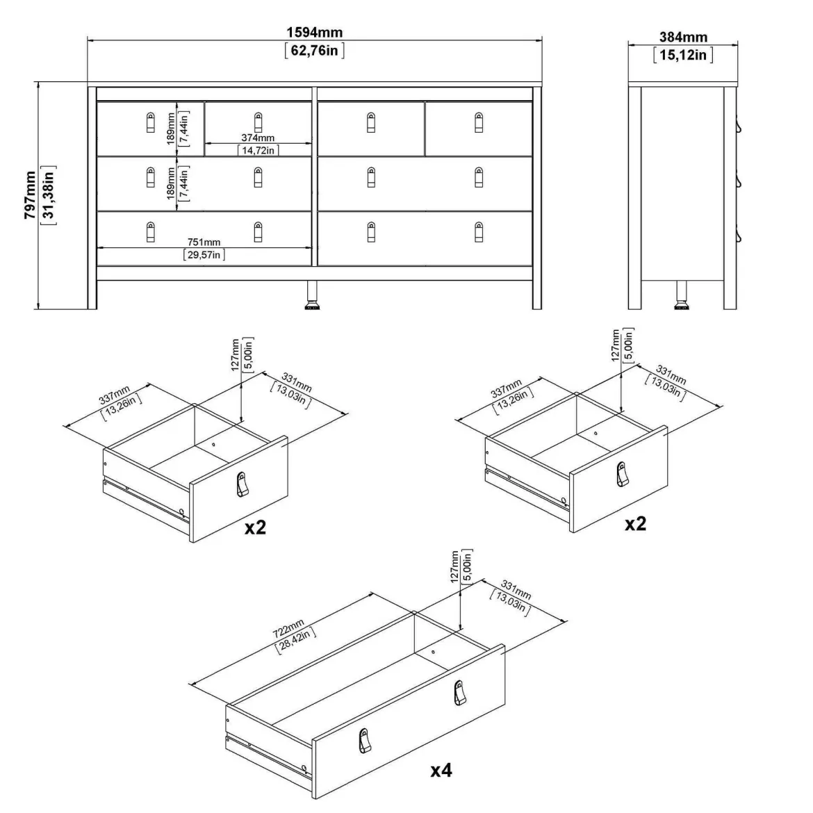 Credenza nera 163x51x88h cm 6 cassetti - Hibaru